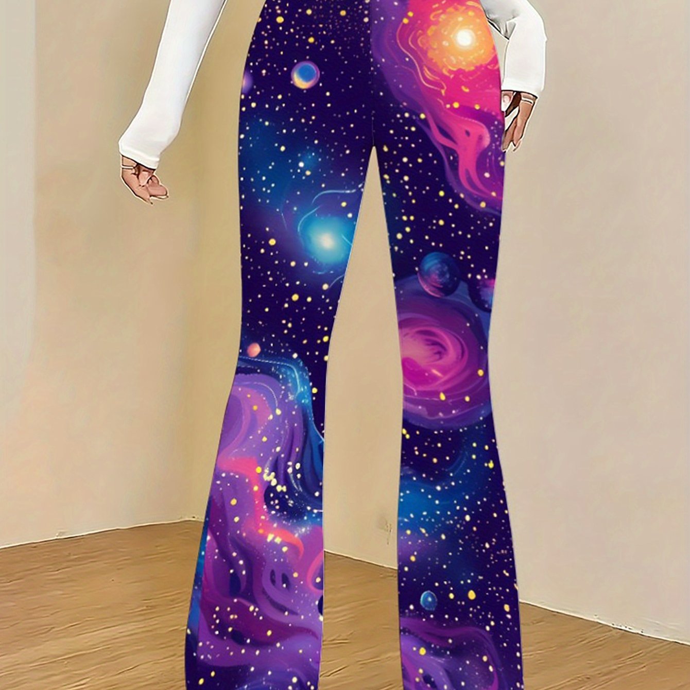 TEMU Ladies' Trendy Personalized Flared Pants, Featuring A Fitted Design That The Figure, Exuding With Geometric Pattern Prints. Made From Stretchy,