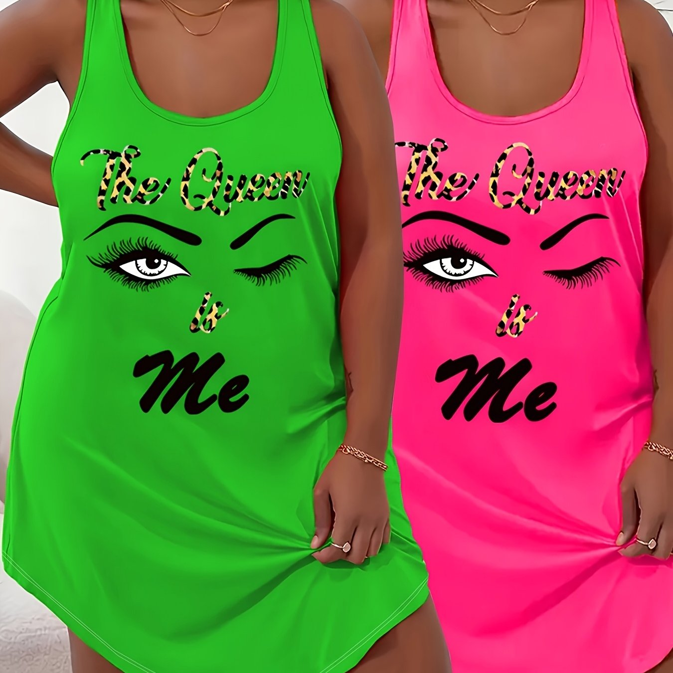 TEMU Women's 2pcs Neon Green And Neon Pink Leopard Print Loose Set, Casual Sleeveless Nightgown, Soft Wear