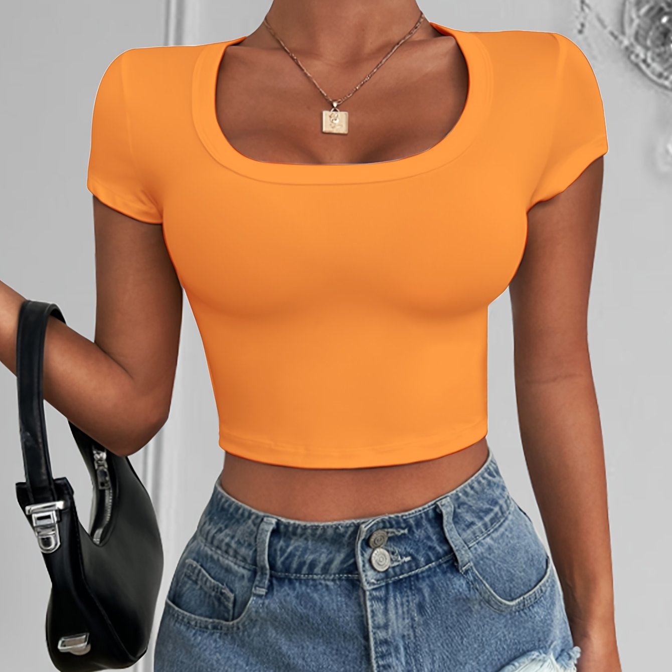 Lu's Chic Women's Soft Top Crop Tshirt Slim Fit Short Sleeve Sheer Mock  Neck Sports Fashion Stretch T-shirt Orange 8-10