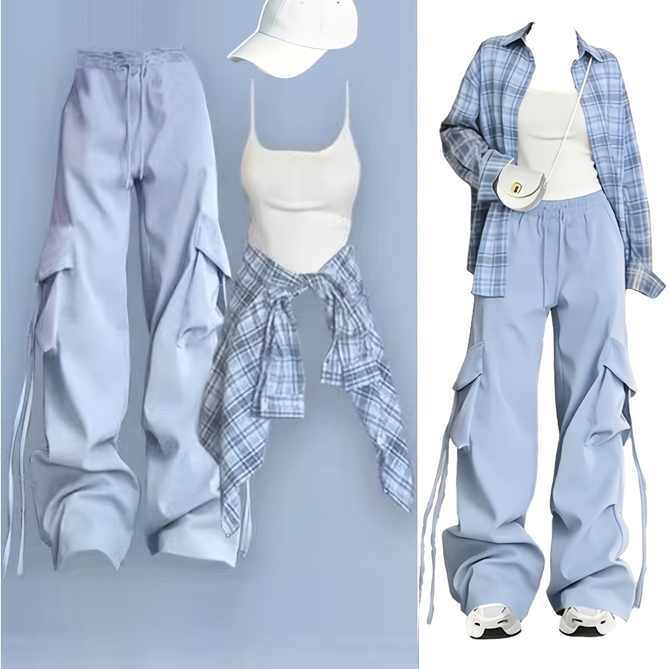 Image of Women Streetwear 3pcs Sets Y2k Outfits Loose Casual Blue Long Sleeve Sunscreen Shirts+sling Basic Vest+high Waist Wide Leg Pockets Drawstring Cargo Pants Set Harajuku Fashion Women Clothing