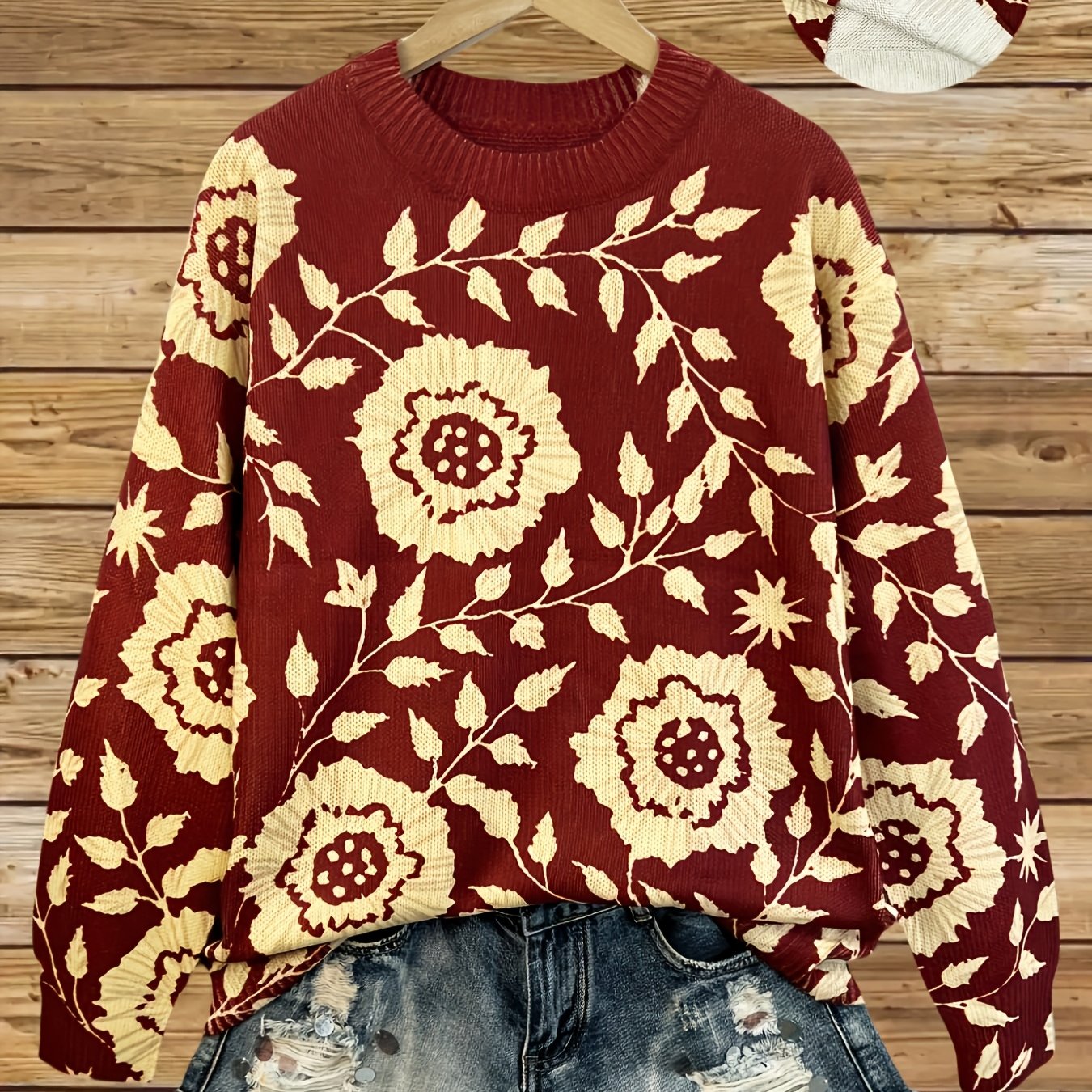 TEMU 2d Flat Pattern [yy1213052] Fall New Girly Versatile Pullover Long Sleeve Women's Top Floral Pattern Flat Trendy Women's Wear Round Neck Women's