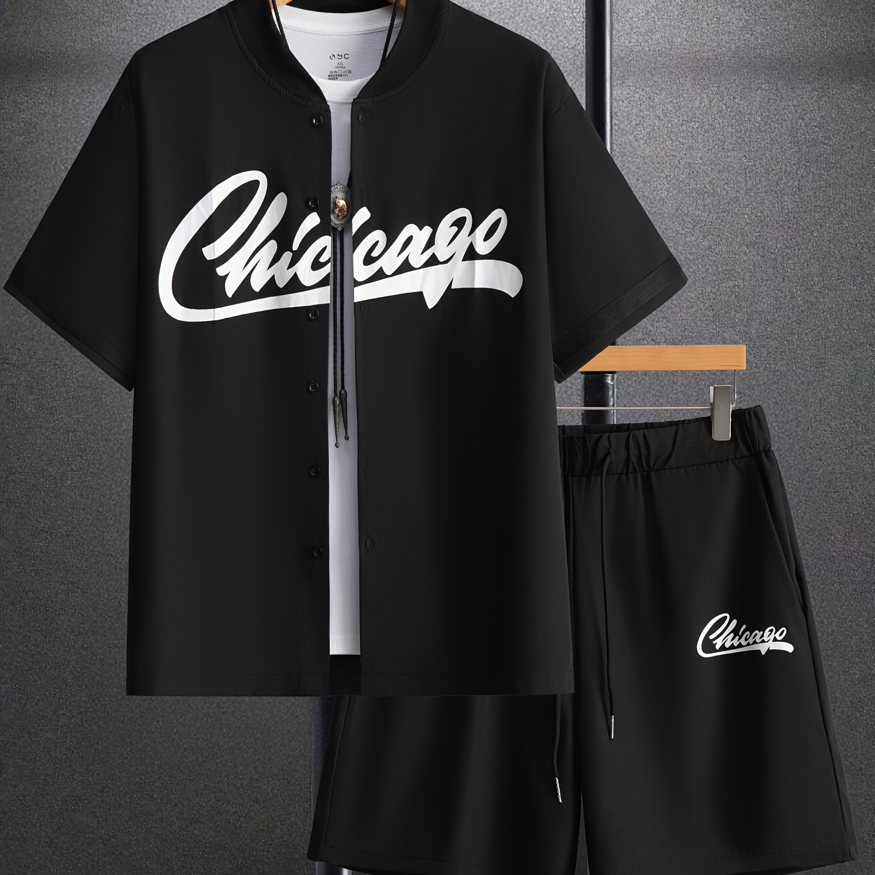 Men's Chicago Letter Short Sleeve Baseball Shirt With Printed Webbing + Drawstring Shorts Two-piece Set