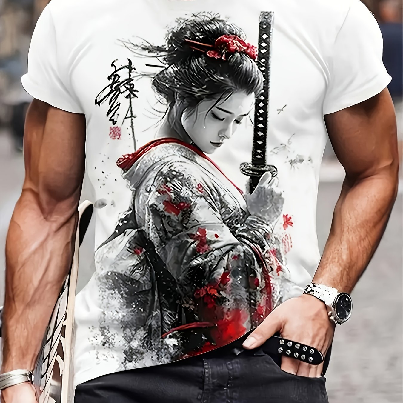 TEMU Plus Size Men's 3d Warrior Print T-shirt - 95% Polyester 5% Spandex Blend, Regular Neck Short Sleeve, Machine Washable And Dry , Casual
