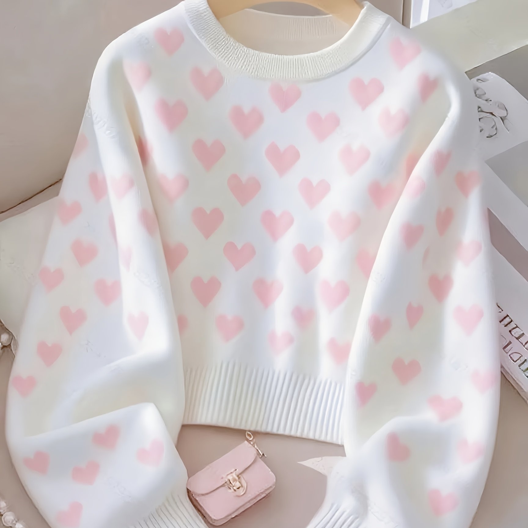 Pink Heart Sweater Women's Fall Winter New Gentle Soft Medium-length Pullover Sweet Elegant Top