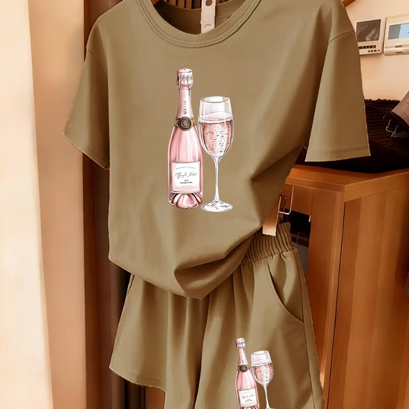 TEMU 2pcs Women's Spring Short Sleeve Set - Pink Champagne , Fun Patterned Short Sleeve And Shorts Set, Comfortable, Soft, Breathable Sportswear For
