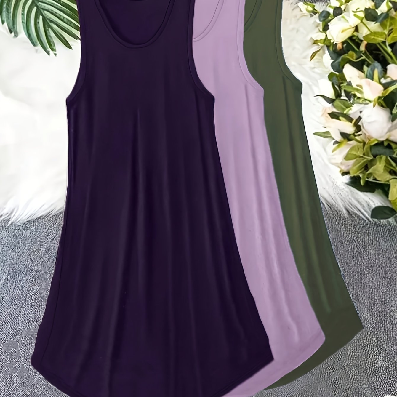 Image of 3pcs Plus Size Basic Casual Dress Set, Spring/summer Women's Oversized Solid Color Round Neck Tank Sleepwear