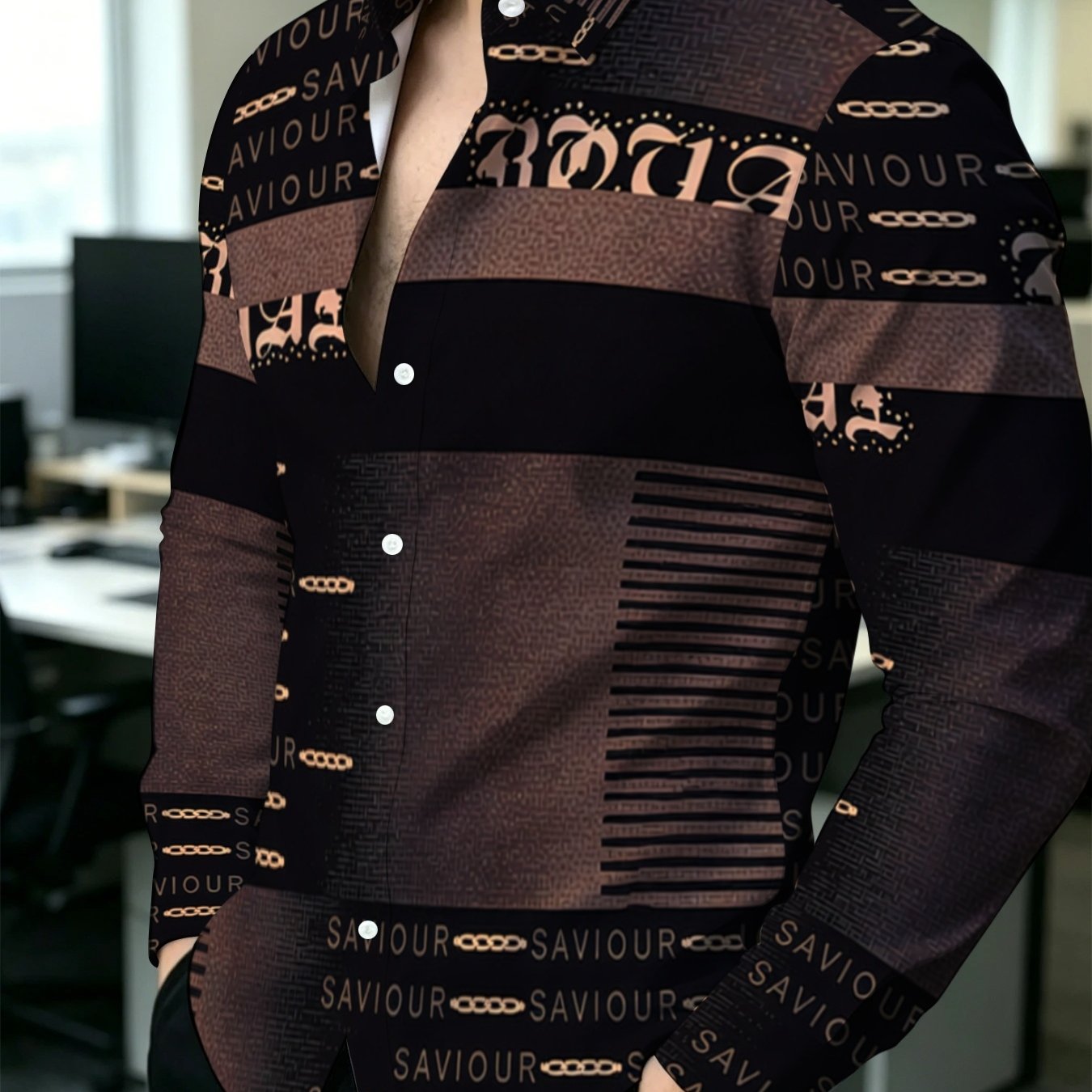 TEMU Men's Retro Geometric Letter Print Long Sleeve Shirt Casual Mature Style Lapel Cardigan Top Spring Autumn Business Daily Date Versatile Slim Fit