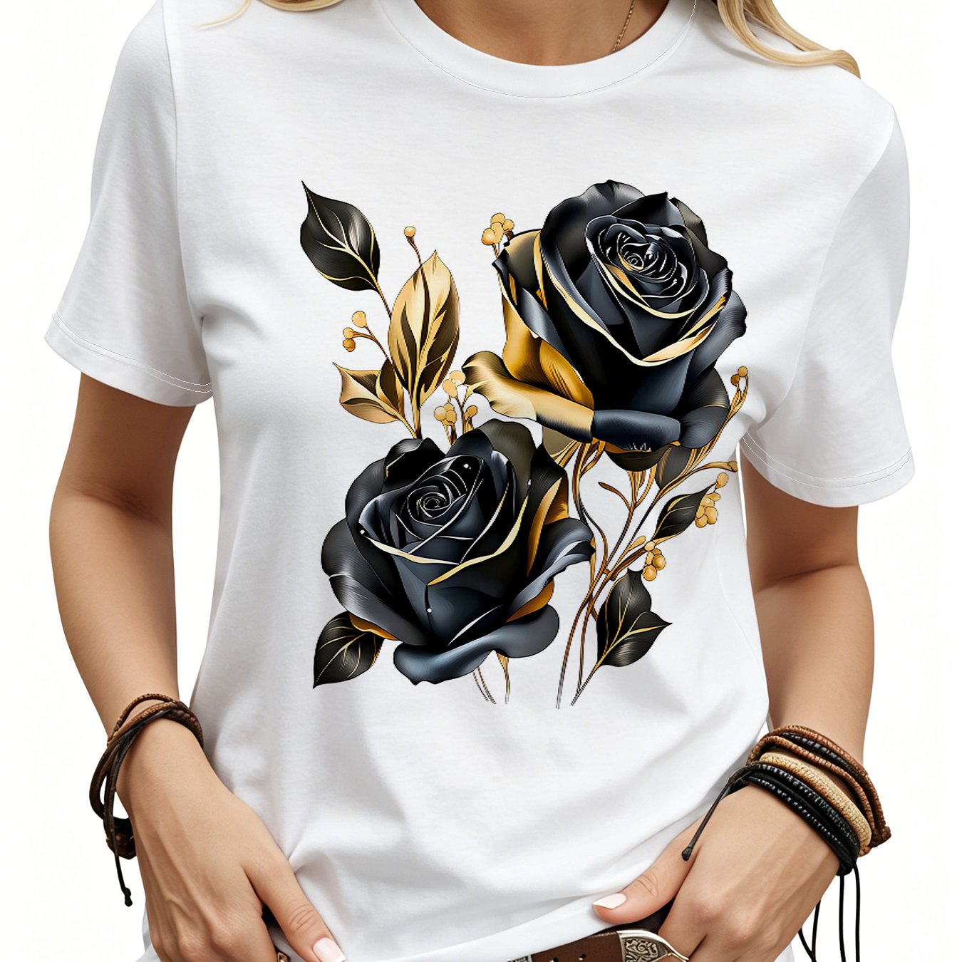 TEMU 2026 Fashion New Women's T-shirt With Golden Decor White Black Rose Print Women's Casual Daily Wear T-shirt