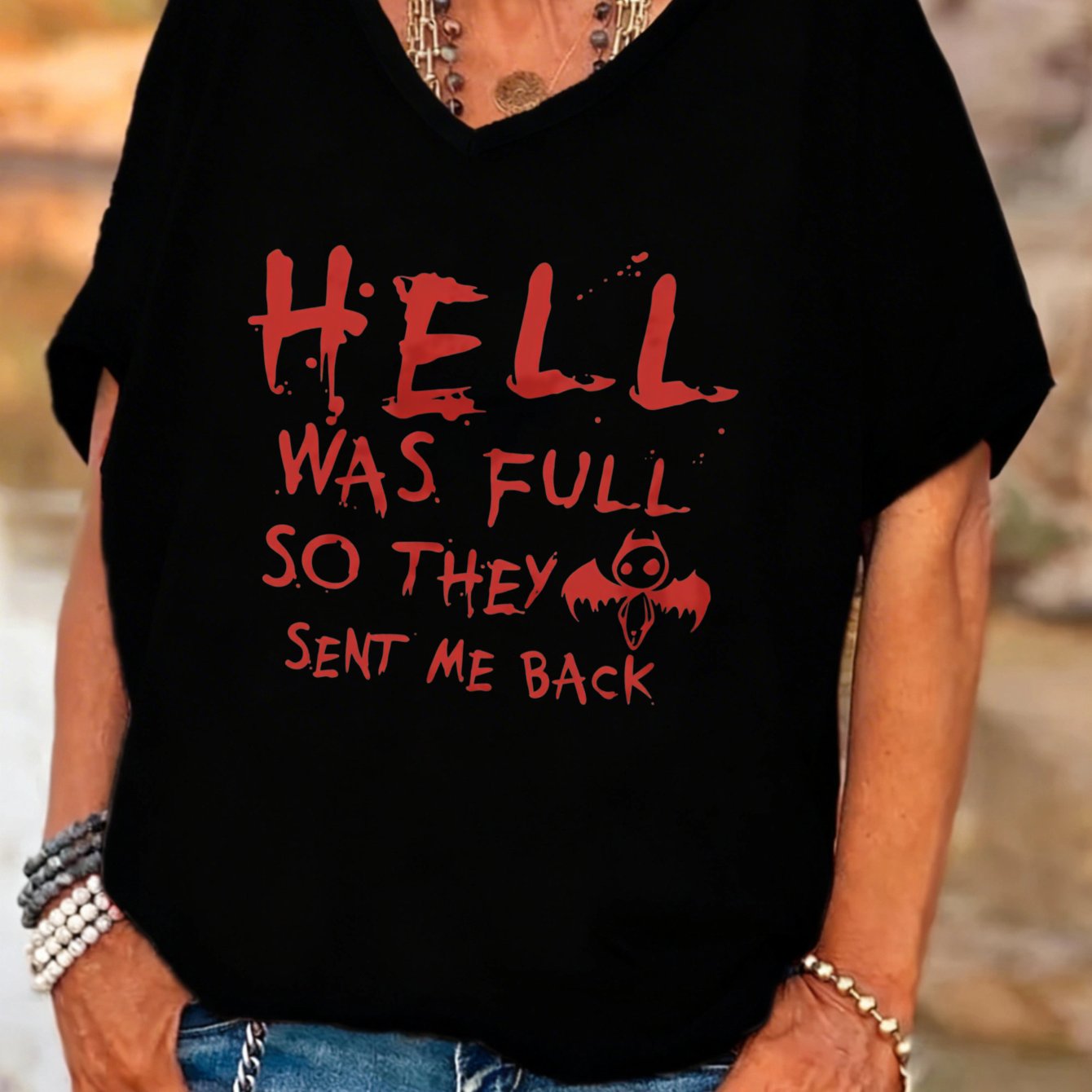 TEMU Plus Size, Casual Gothic Style Women's V-neck Batwing Sleeves T-shirt Was Full So Sent Me Back Graphic Print Top Halloween Party Wear Gift For