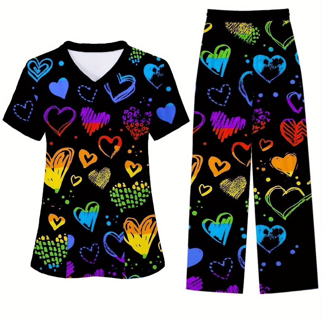 TEMU Plus Size, Plus Size Heart Print Outfit Set, 2pcs V Neck Short Sleeve Top And Stretch Pants, Women's Plus Size Clothing Set