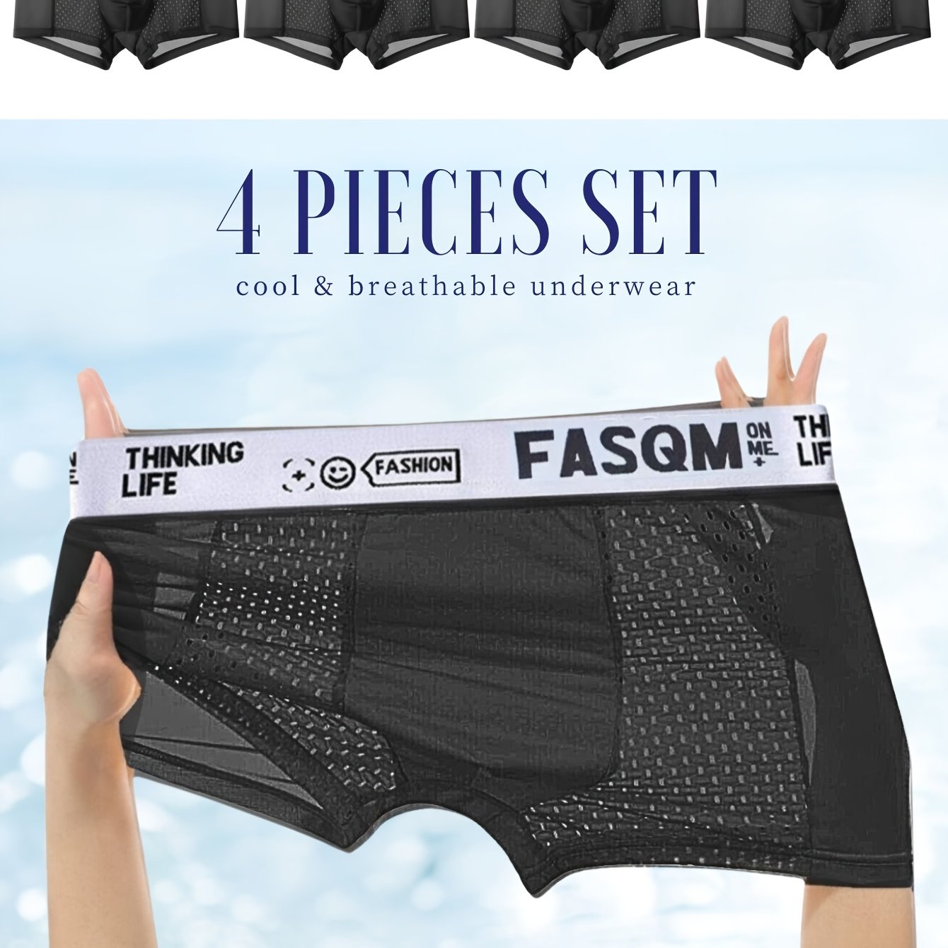 Image of 4pcs Men's Icy Charm Comfy Boxers , Mesh Patch Breathable Comfy Stretchy Trunks, Men's Casual Plain Color Underwear Sky Blue Black Deep Gray Contrast Color Letter Print Waist Band