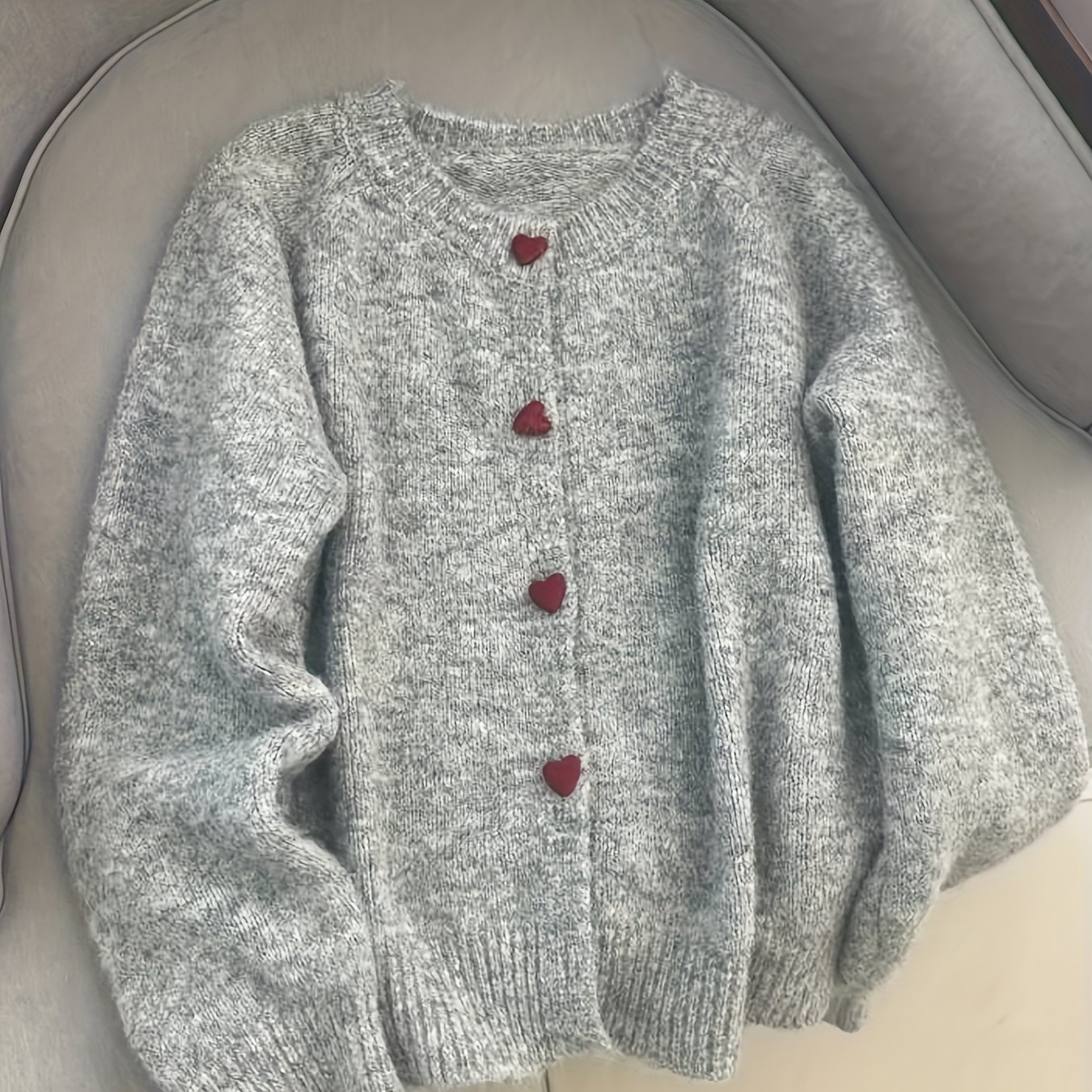 Image of Gray Heart Button Cardigan, Loose Fit Comfortable All-match Korean Style Heart Button Daily Casual Gray Sweater [hw915]
