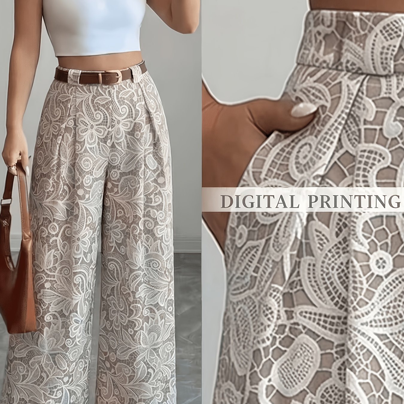 TEMU Vintage Flower Print Beltless Wide-leg Pants Women's Elastic High-waist Drape Floor-length Casual Trousers Patterned Wide-leg Trousers Stretch
