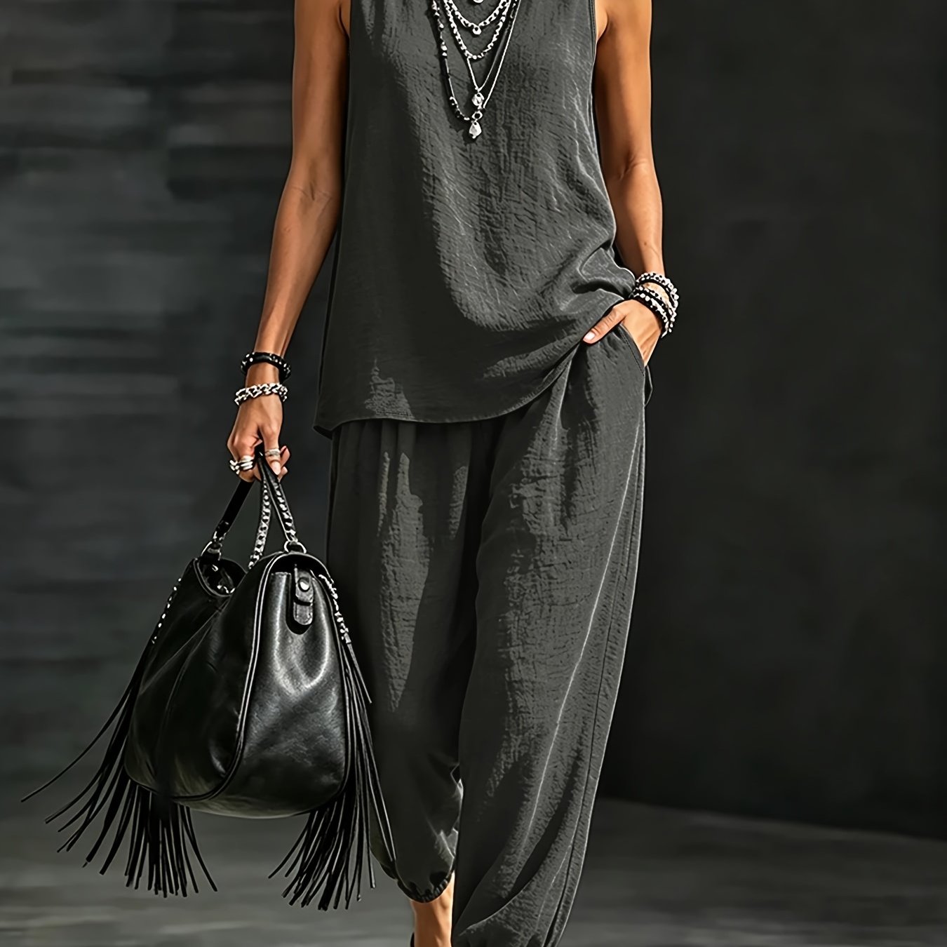 TEMU Women's Casual Vacation Solid Color Two-piece Set Round Neck Top And Loose Joggers