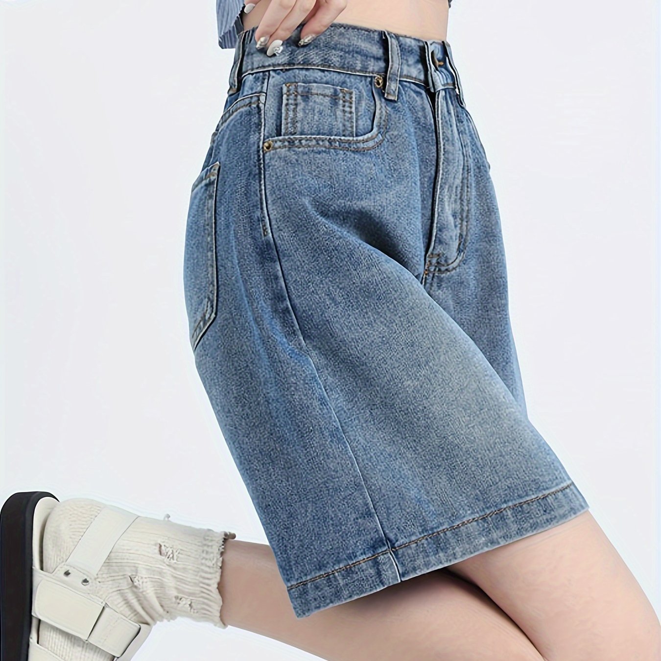 Plain Loose Fit Elastic Waist Denim Jorts High Slash - Temu United 