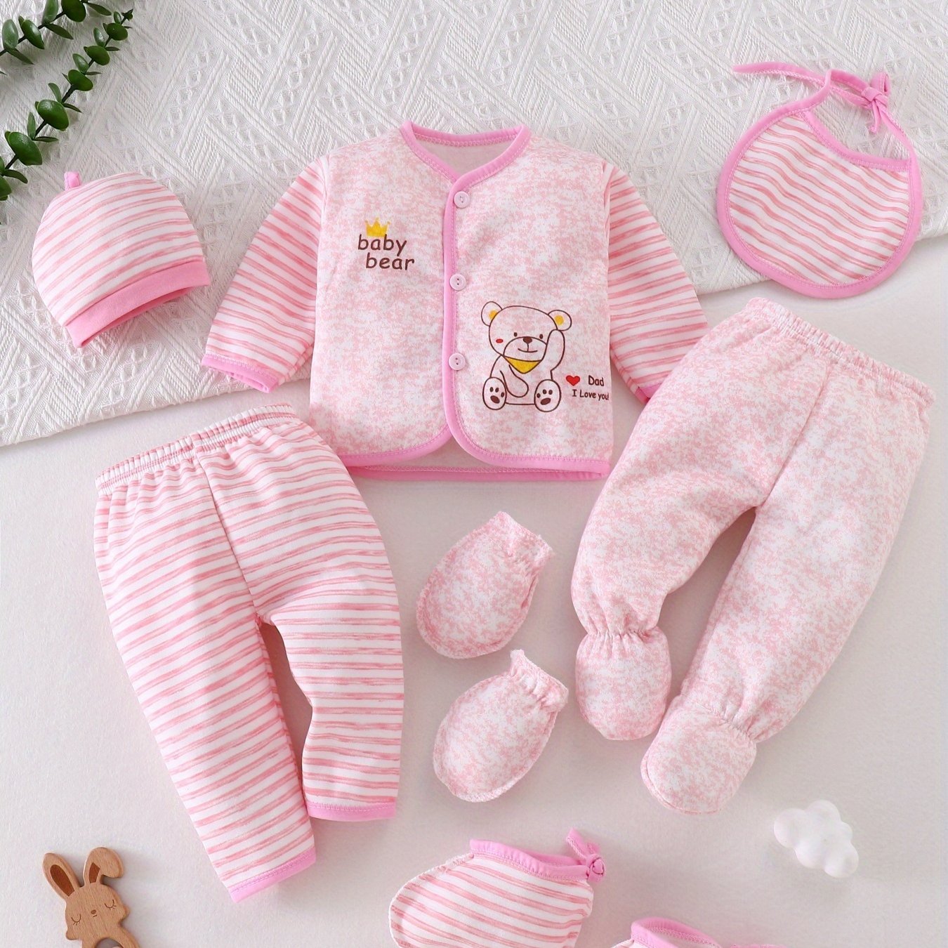 Image of 7pcs Newborn Baby Girl Clothes Set 0-3 Months Spring Coat Pants Hat Gloves Socks And Bibs, Suitable For Baby Shower And Outfit, Newborn Gift, For Outdoor