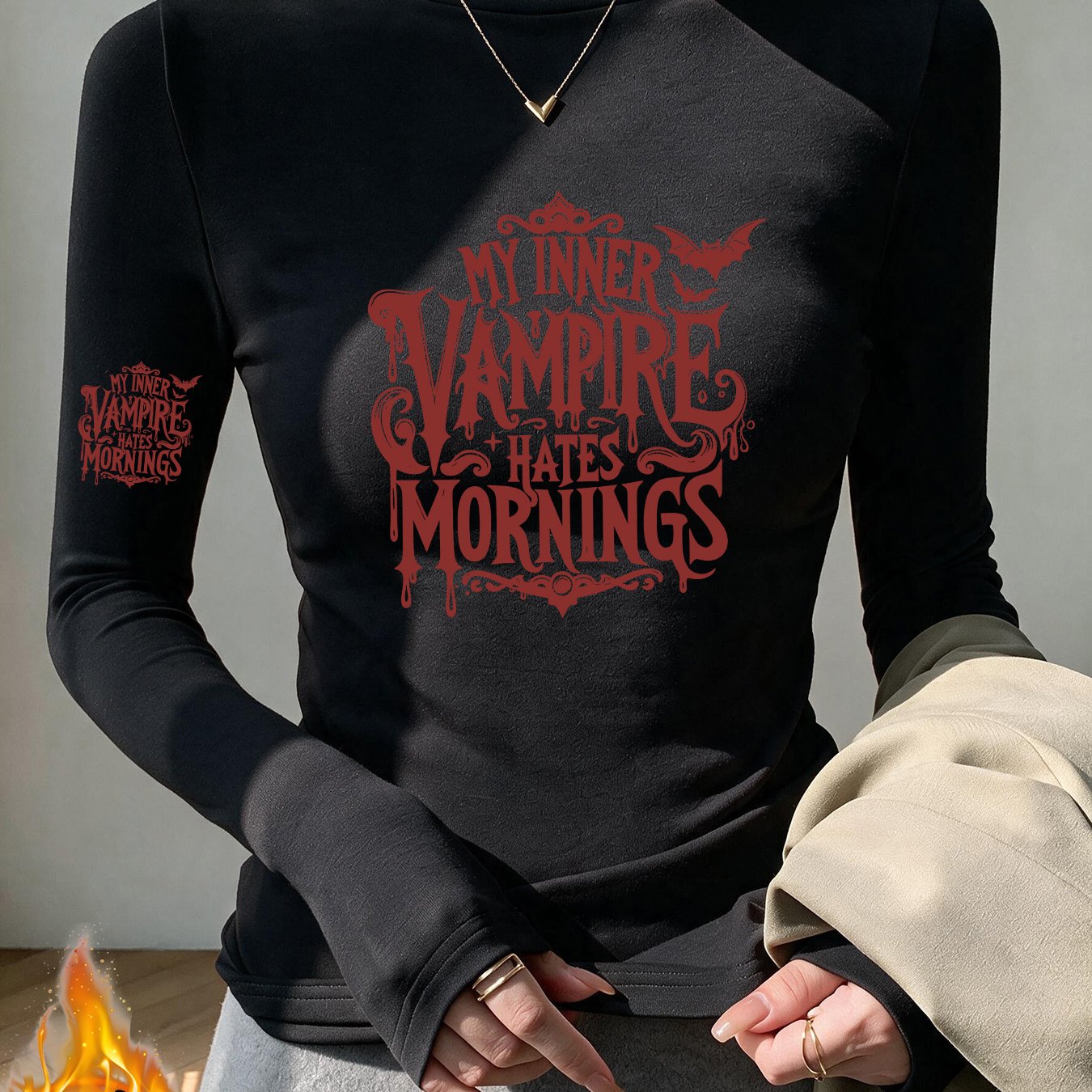 TEMU Vampire Women's Long-sleeve Slim-fit Thermal Top, Slim-fit Base Layer, Versatile For Daily Wear