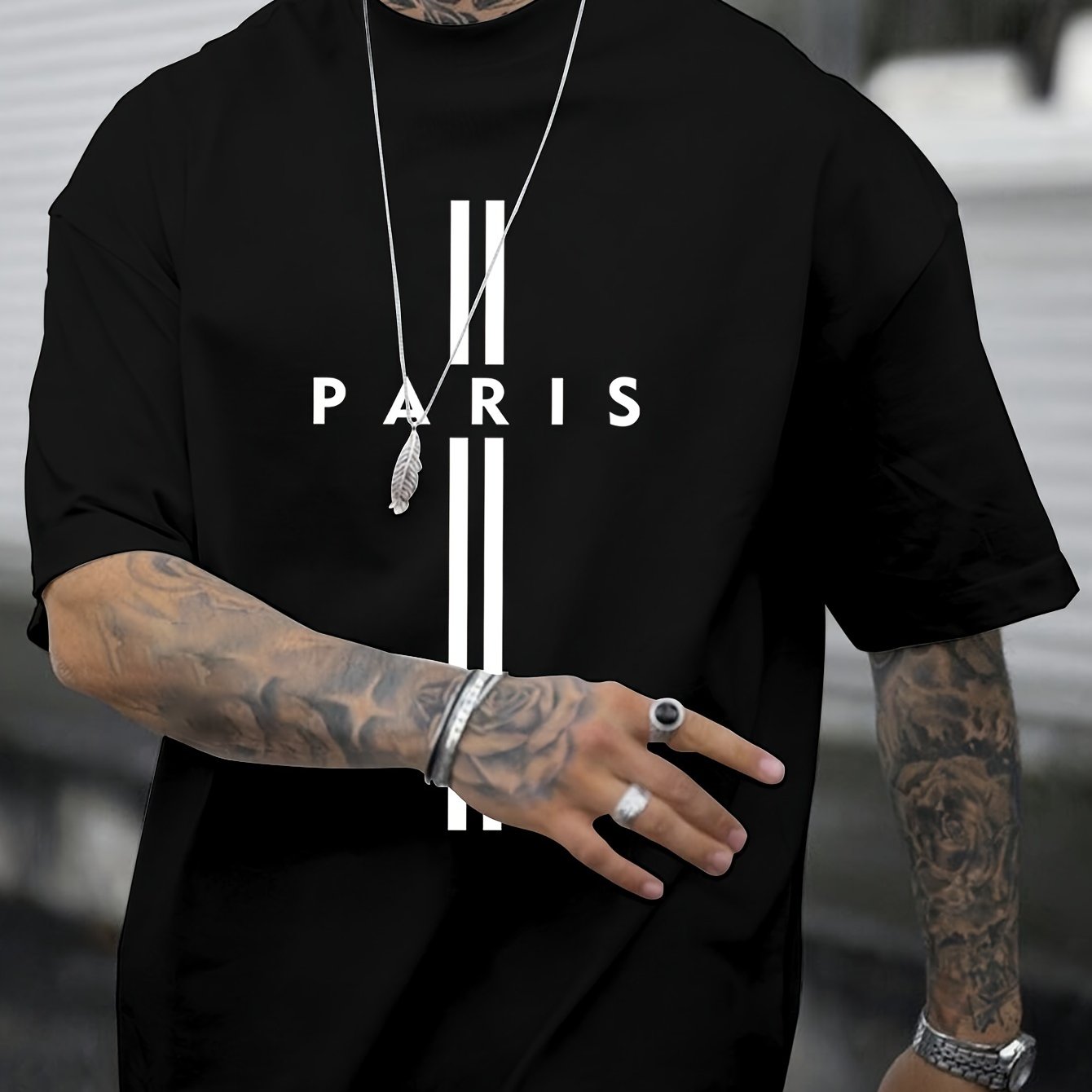 TEMU Paris Creative Stylish Pattern, Men's Round Crew Neck Short Sleeve, Tee, Fashion Regular Fit T-shirt, Casual Comfy Top For Spring Leisure Vacation Men's Clothing As Gift