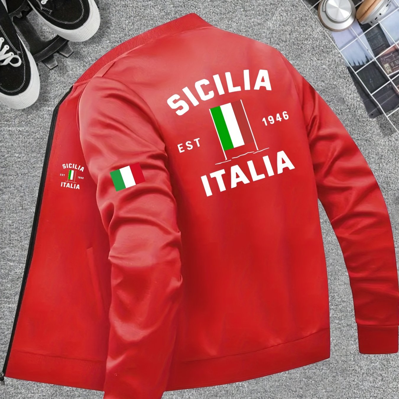 TEMU Men's Italian Sicily Flag Print Jacket With Sicily Print, Zippered Baseball Collar & Machine-washable - Casual Outerwear Suitable For Italian