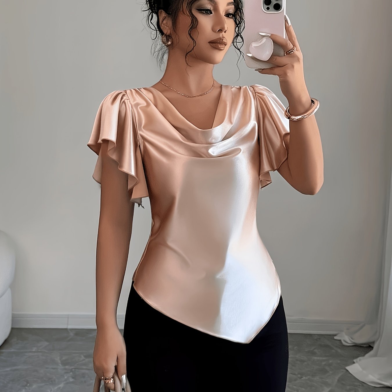 TEMU Women's Elegant Drop-shoulder Short-sleeve Top, Asymmetrical Hem, Fashionable Glossy Blouse Zzy08