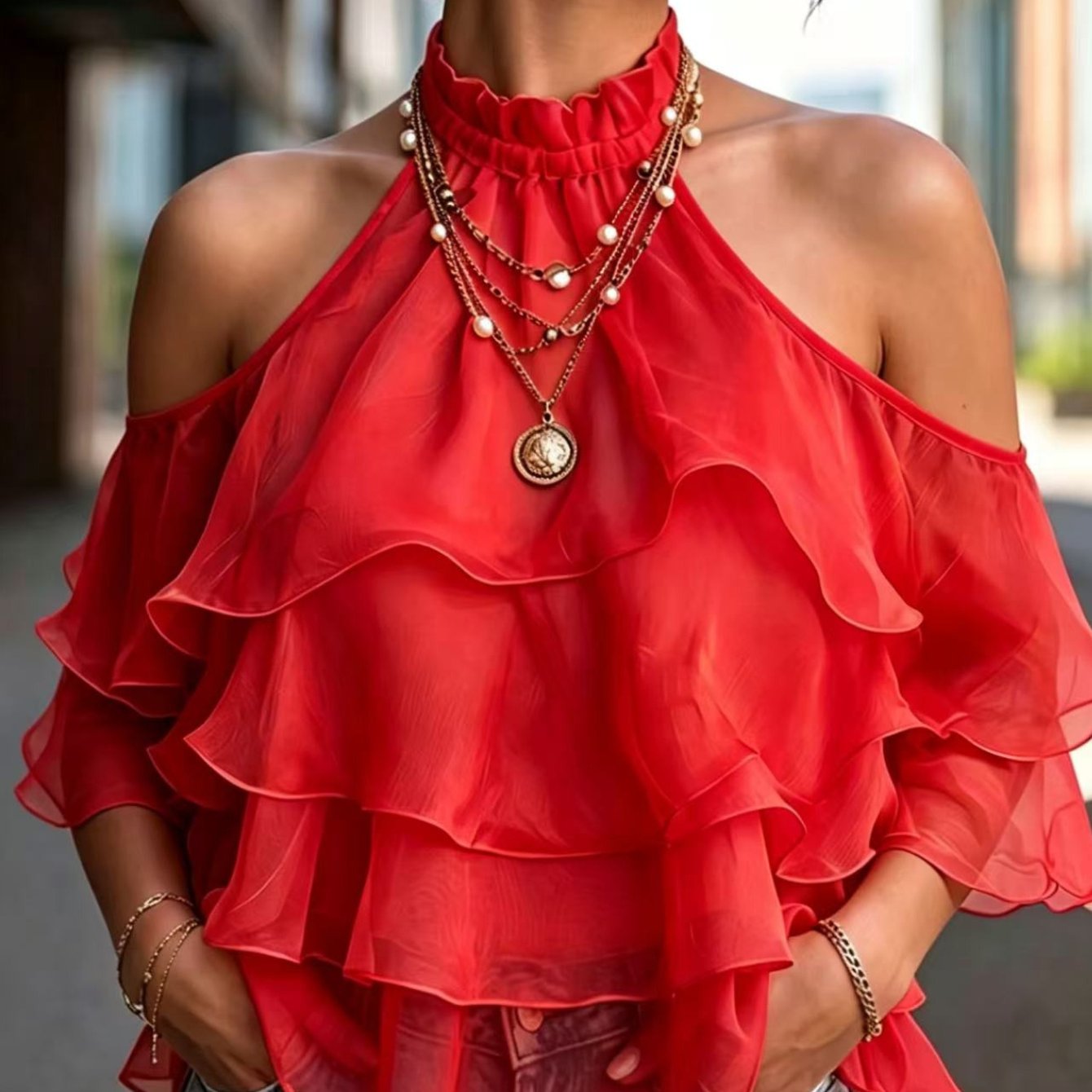 Image of Urban Casual Fashion Edge Waist Neck Off-the-shoulder Top