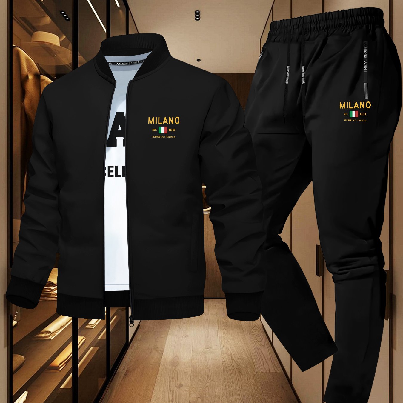 TEMU Two-piece Men's Slim Fit Jacket And Men's Sports Long Pants, Golden Print, Zippered Polyester Smooth Fabric Autumn-winter Casual Outerwear