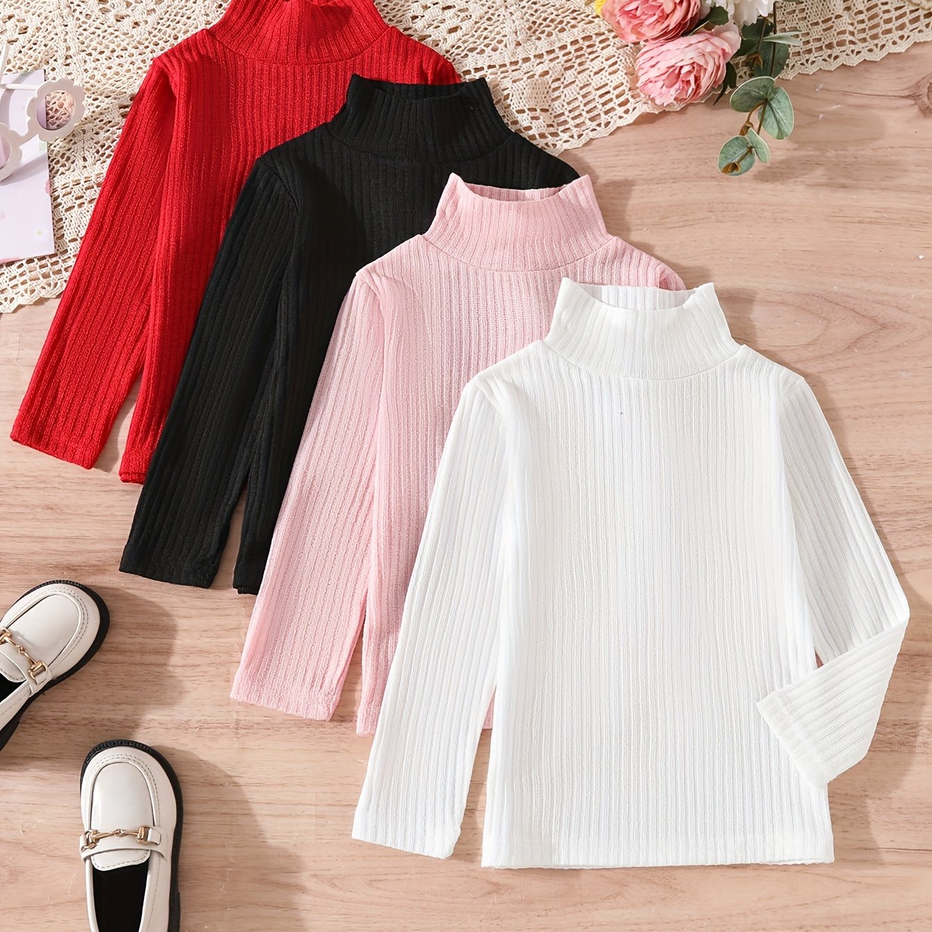 Image of 4pcs Set Girls' Base Layer Shirts Autumn Winter Warm Multicolor Inner Wear Slim Fit Versatile Girls' Easy Long Sleeve Top Autumn Wear