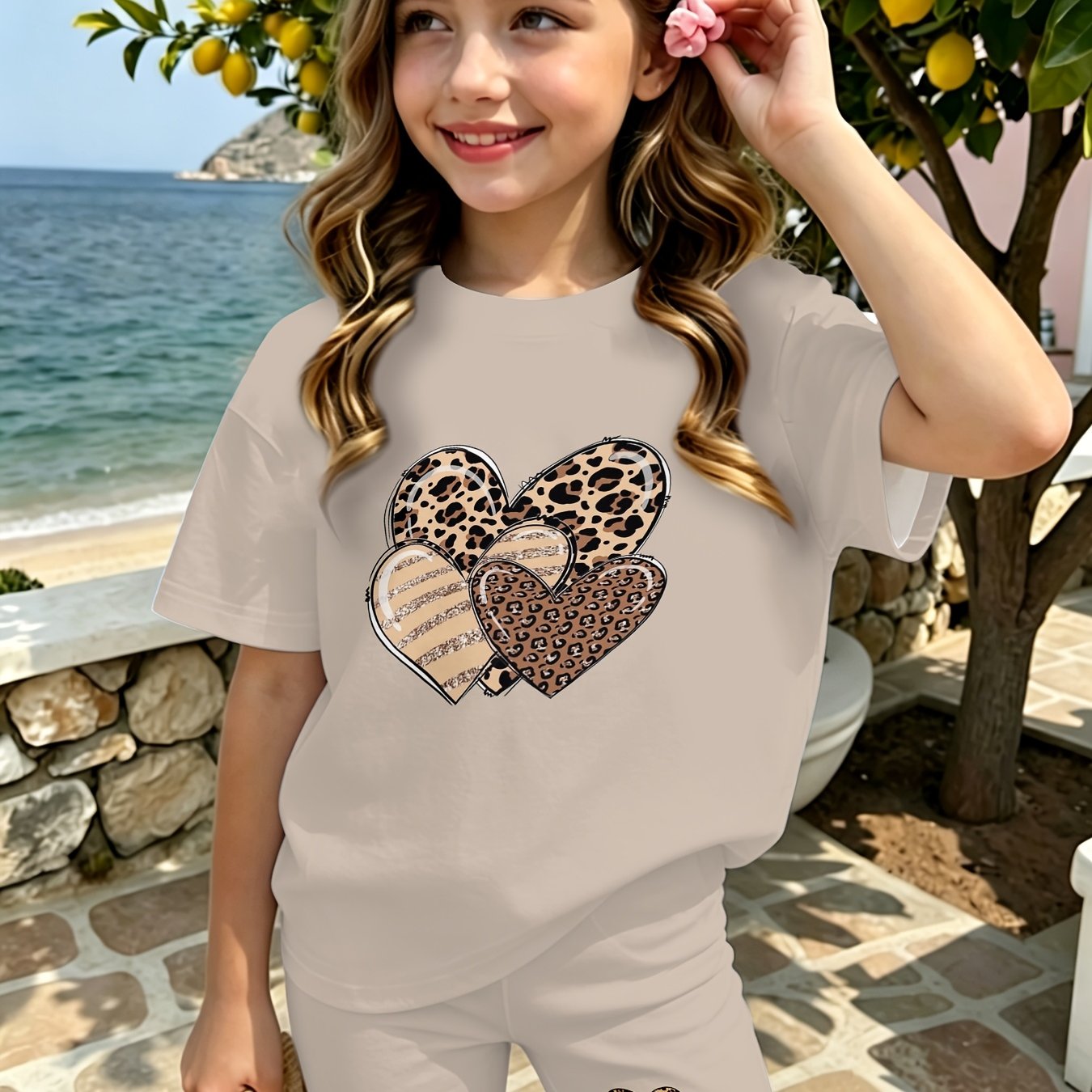Girls' Fashion Set With Trendy Print Design, Casual Short-sleeve 2pcs Outfit For Teens, Perfect For Summer, Beach, And Vacation, Perfect For Outdoor