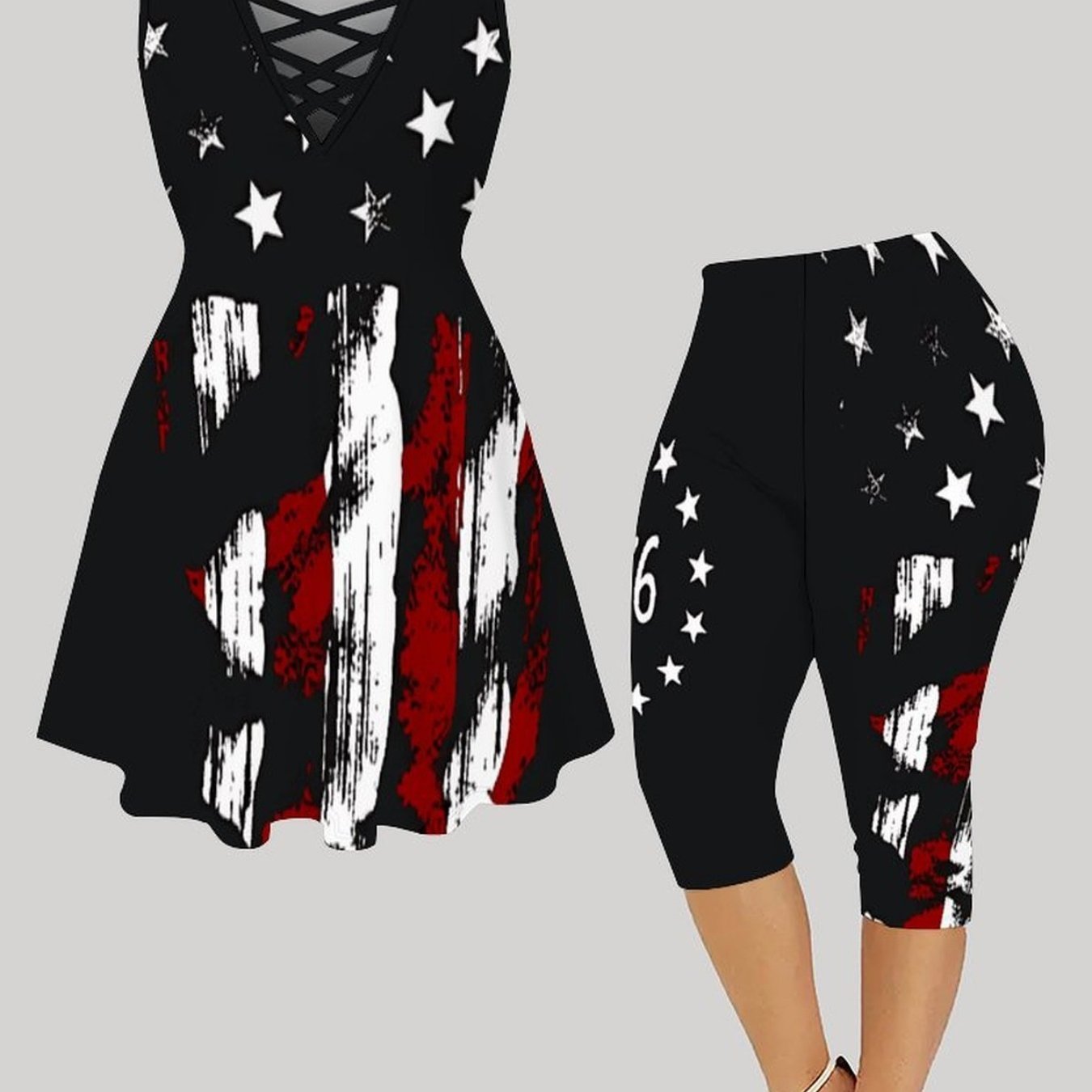 TEMU Plus Size, Women's Plus Size Set (three-crisscross Vest Dress + Capri Pants) With 250th Anniversary Of Print, Showcasing Dynamic Aesthetics