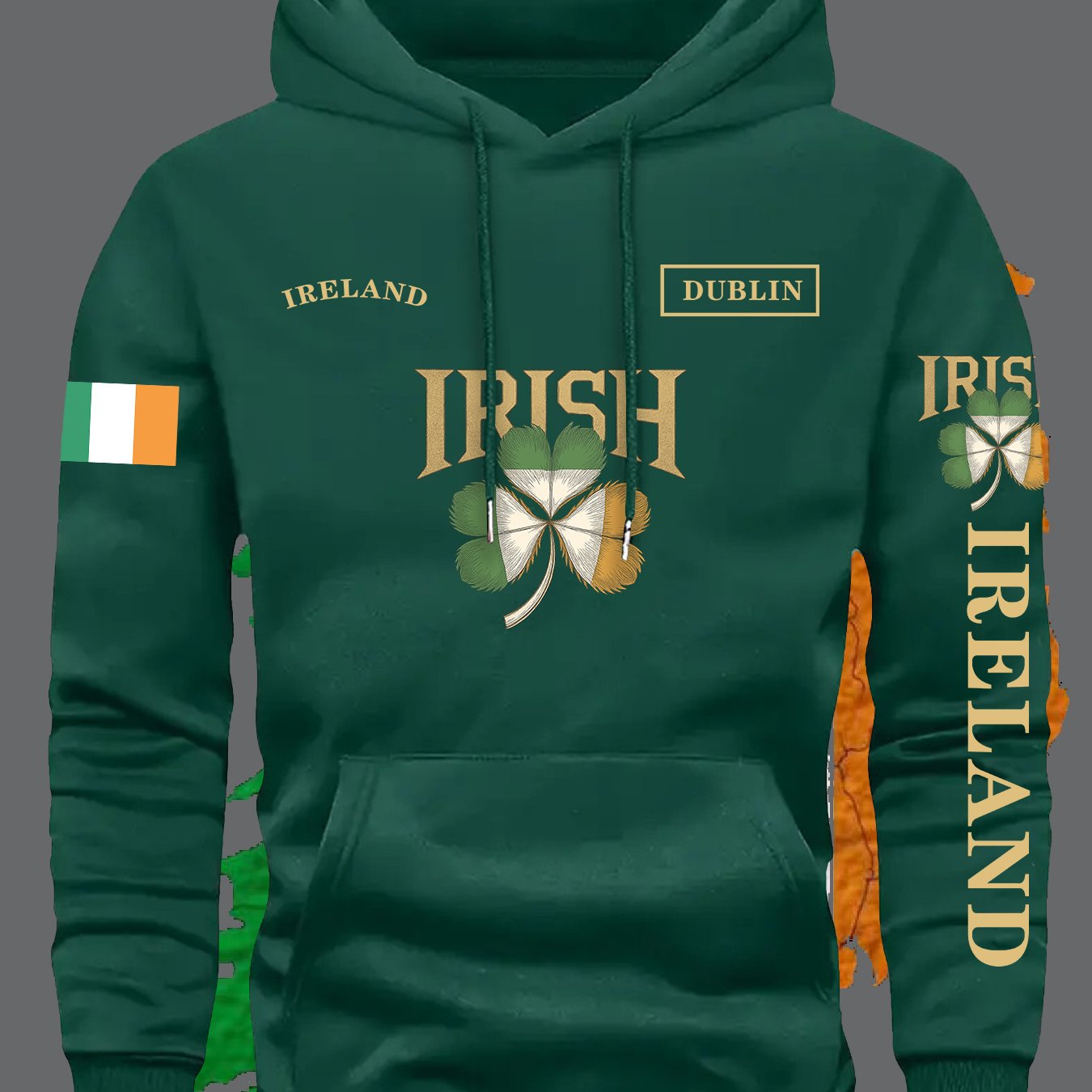 TEMU Kourrter Men's Irish Flag Hoodie - Casual Loose Sweatshirt With Geometric Pattern, Long Sleeves, And Pockets, Fall/winter, Casual Wear