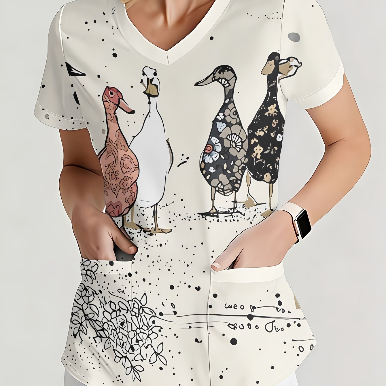 TEMU 2026 Women's Short Sleeve Nurse Uniform Group Of Colorful Ducks On Printed Fashion Uniform Comfortable Breathable Workwear Fresh Elegant Nursing