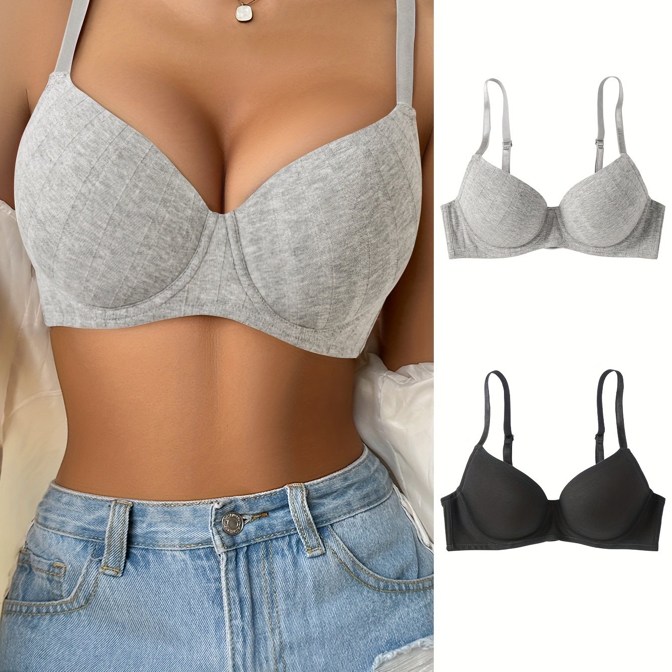 2pcs Simple Solid Push Up Bras, Comfy & Breathable Intimates Bra, Women's  Lingerie & Underwear