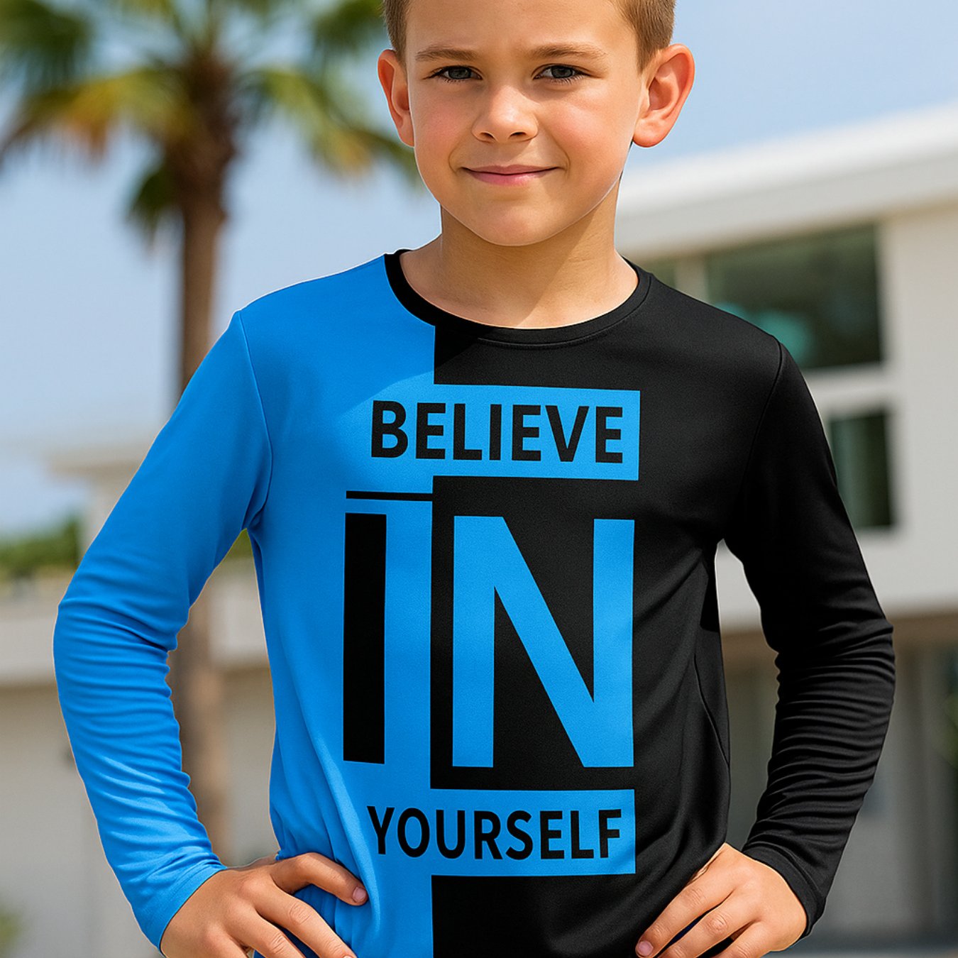 TEMU Long-sleeved Inspirational T-shirt: Black And Blue Color Contrast And Design, Printed With The Slogan "believe In Yourself", Helping Children