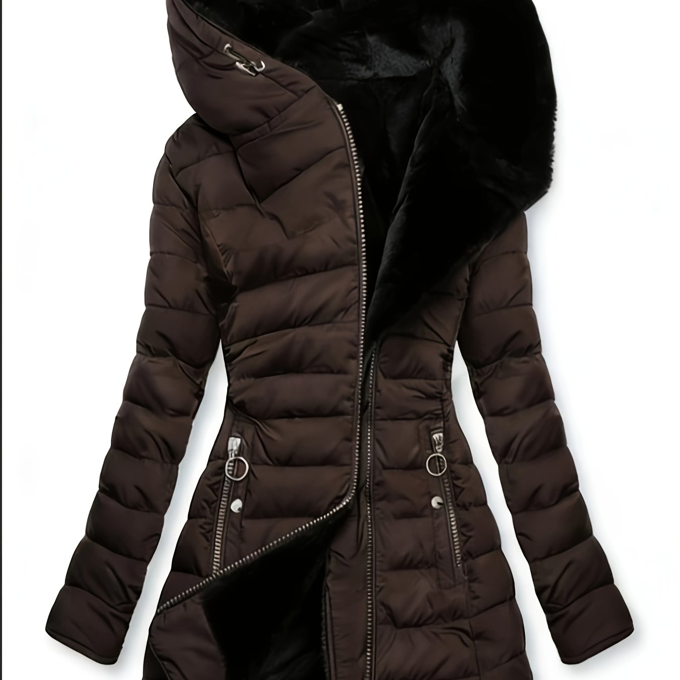 TEMU Autumn/winter Warm Padded Coat For Women, -lined Hooded Fashionable Slim-fit Midi Jacket
