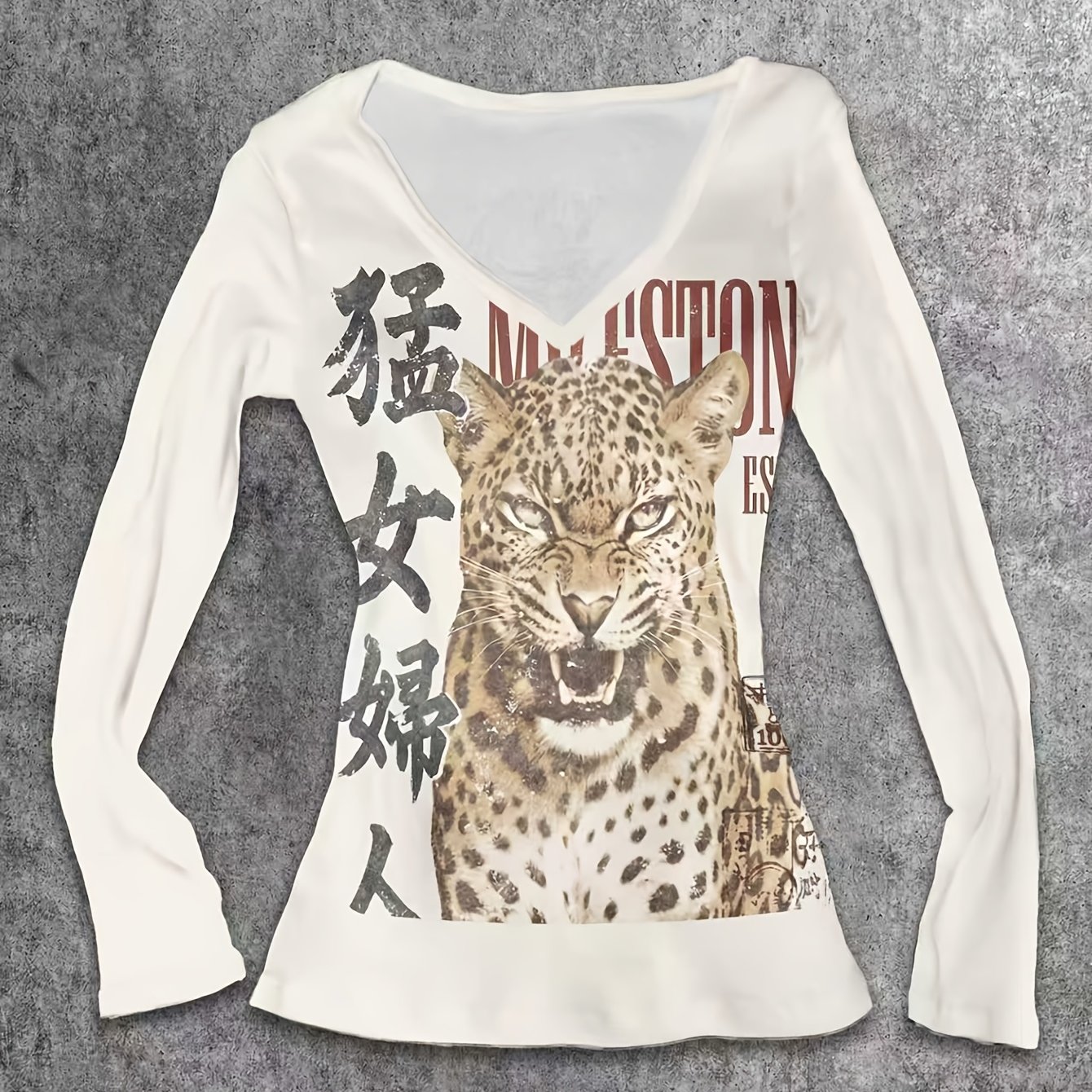 TEMU Vintage Leopard Print V-neck Long Sleeve T-shirt, Slim Fit Chinese Character Pattern Streetwear Casual Long Sleeve