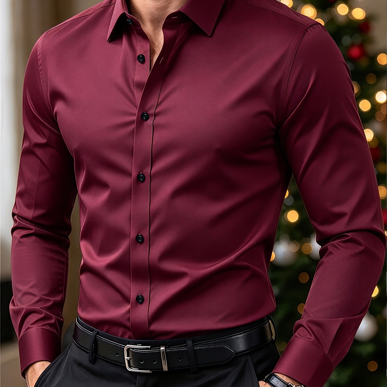 TEMU Men's Fashion Casual Formal Long-sleeve Dress Shirt For Banquets, Parties, Casual, Office, Evening Events, And Daily Holidays. Lapel Long-sleeve