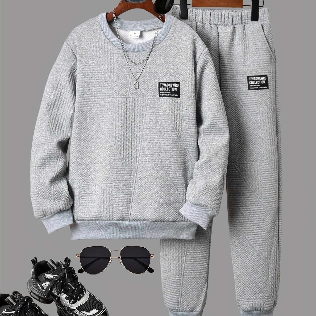 Boys' Fashionable Textured Long Sleeve Sweatshirt And Comfortable Ankle Length Trousers 2pcs Set, For Outdoor