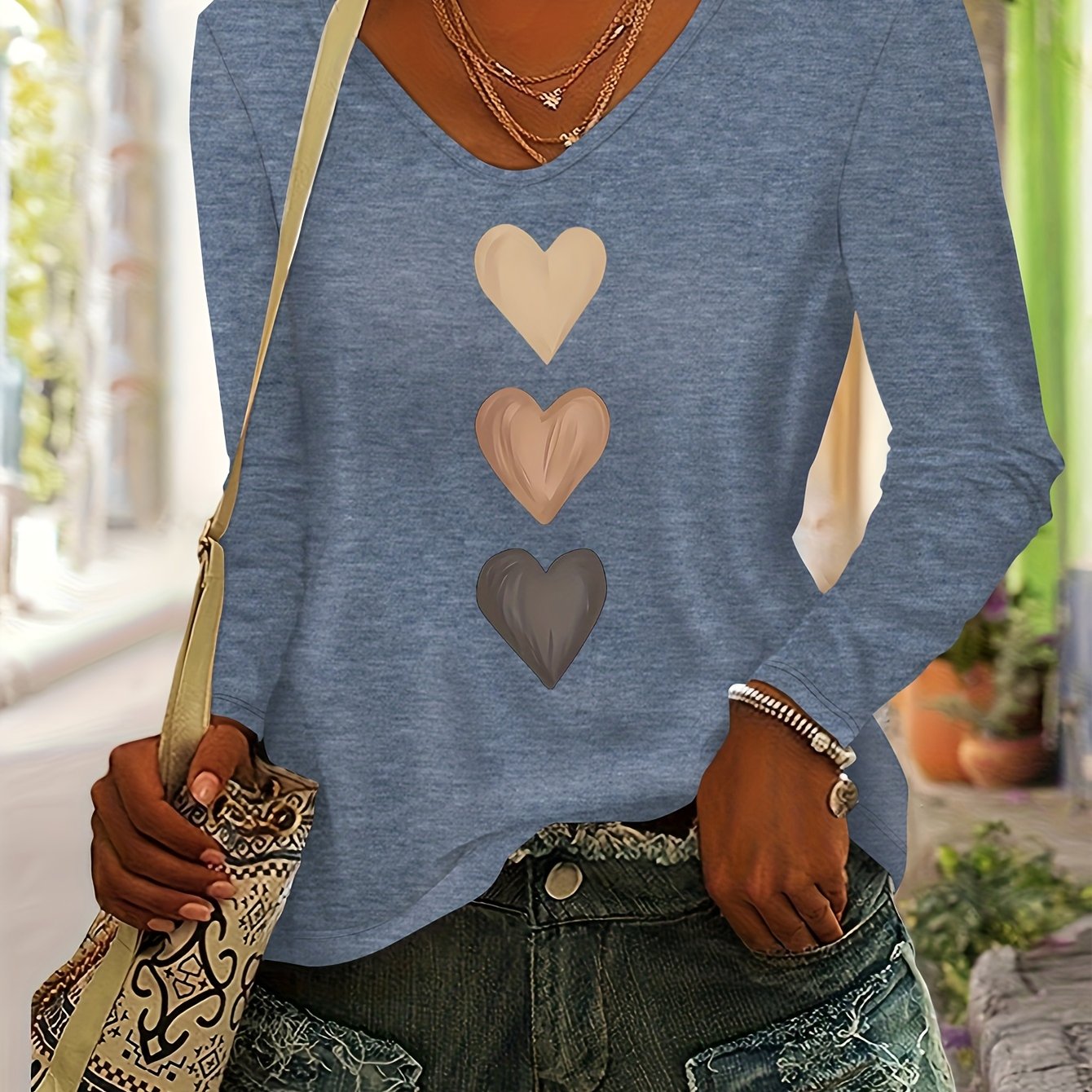 TEMU T-shirt décontracté à manches longues et col en V pour femme, imprimé motif cœur, printemps-automne, mode colorée