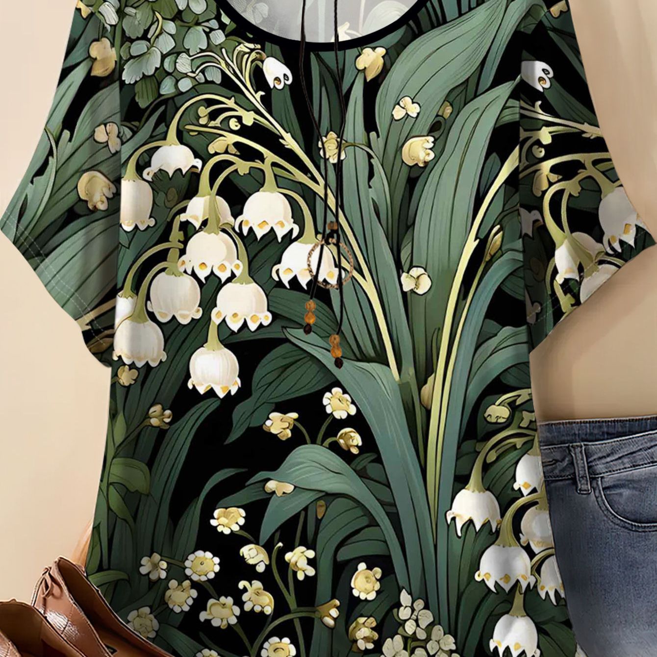 TEMU Women's Plus Size Printed Snowbell Flower Short Sleeve Top, Summer Loose Fit Fashionable Versatile T-shirt