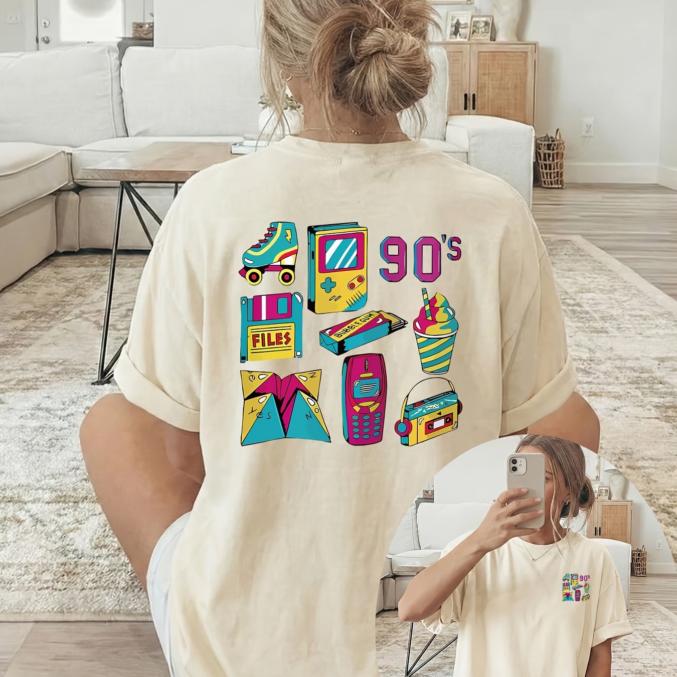 TEMU Casual Loose-'s T-shirt | 90s Retro Electronic Print, Crew Neck, Short Sleeves