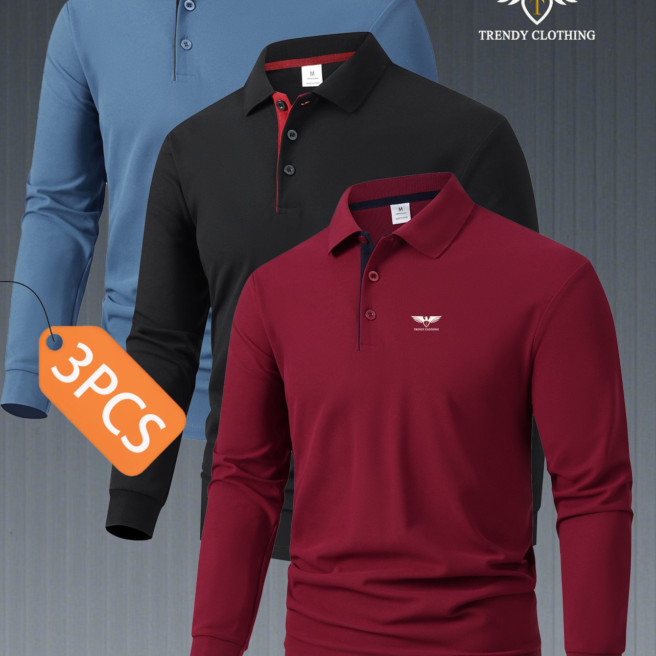 TEMU 3pcs C8-907 's Long Sleeve Shirt Set, -block Fabric Comfortable Versatile Regular Fit Button-up Fashion Top Men's Wear, Print Pattern Lapel Golf