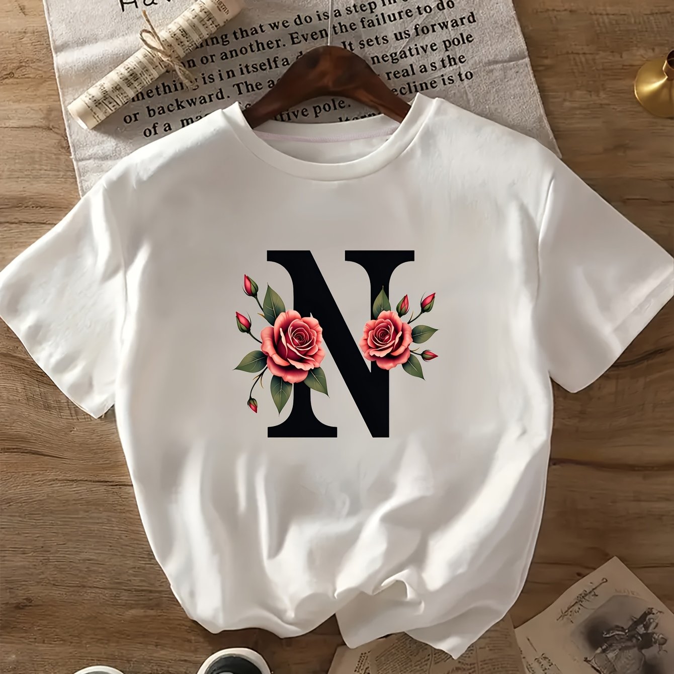 TEMU 1pc Short-sleeved T-shirt With A Pattern Element Of Rose Letters Combining And, 26 English Letter White Printed Short-sleeved T-shirt,