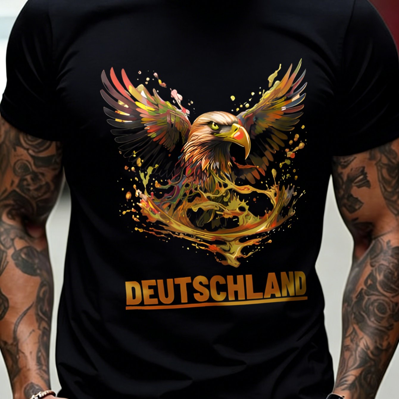 Men's T-shirt Black Eagle With Colorful Wings And Deutschland Text Casual Wear For Germany Fans