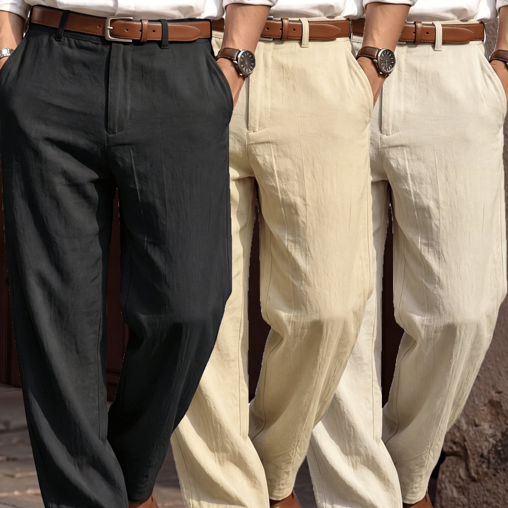 TEMU 3pcs Set) Men's Spring Autumn New Solid Color Linen Trousers Casual Comfortable All-match Easy Textured Commuter Fashion Trendy Business Casual