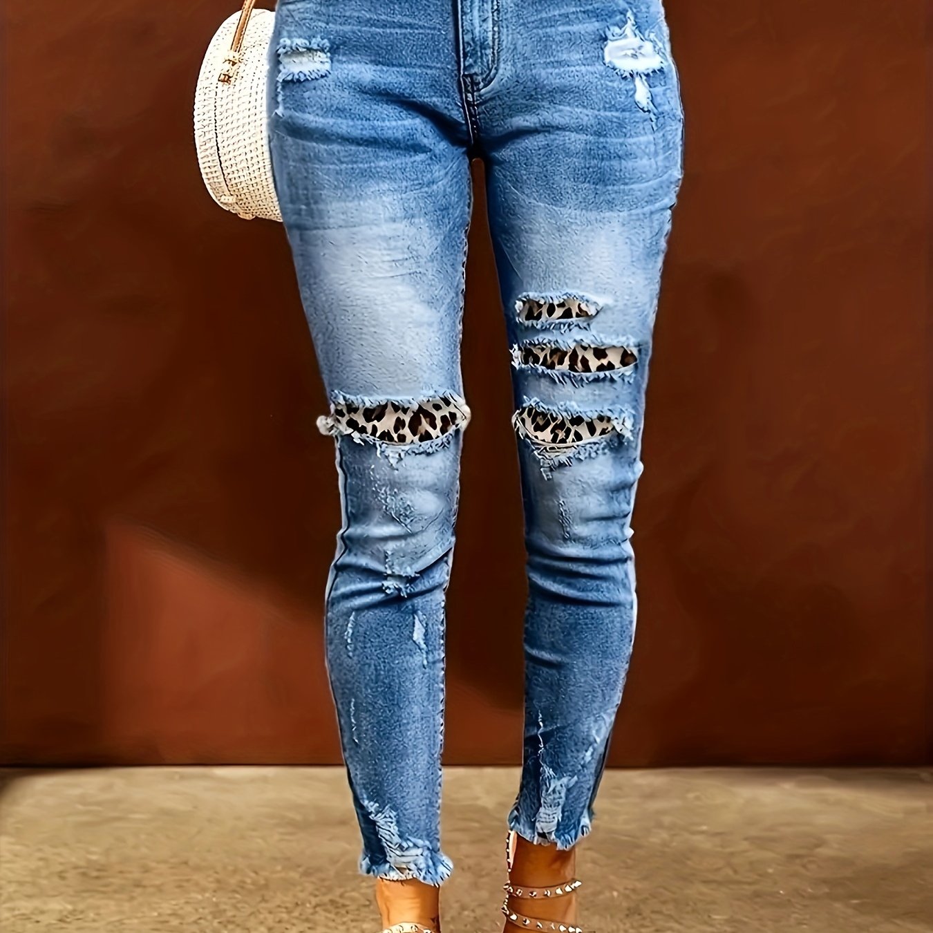 Image of Women&;s Skinny Jeans | Leopard Print Distressed Denim | High-stretch | Frayed Hem & Ripped Details | Machine Washable | | Wear
