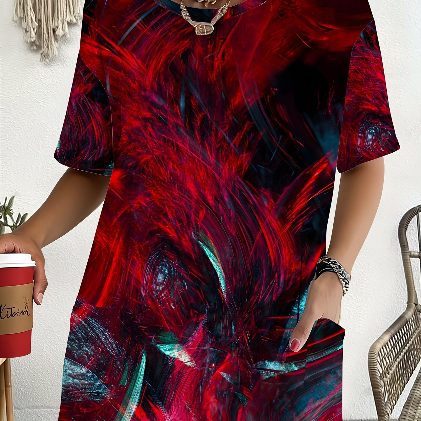 TEMU Loose Fit Short-sleeve T-shirt With Abstract Red And Blue Pattern, Featuring , Ideal For Daily Commuting, Campus Life, Casual Gatherings,