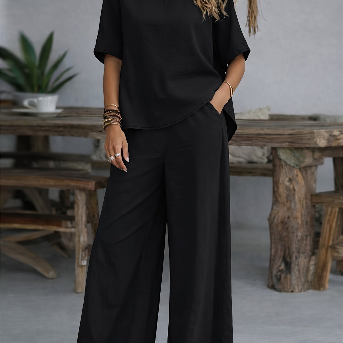 TEMU Women's Casual 2pcs Set: Solid Color Loose Short Sleeve Crew Neck Shirt Top   Wide-leg Long Pants