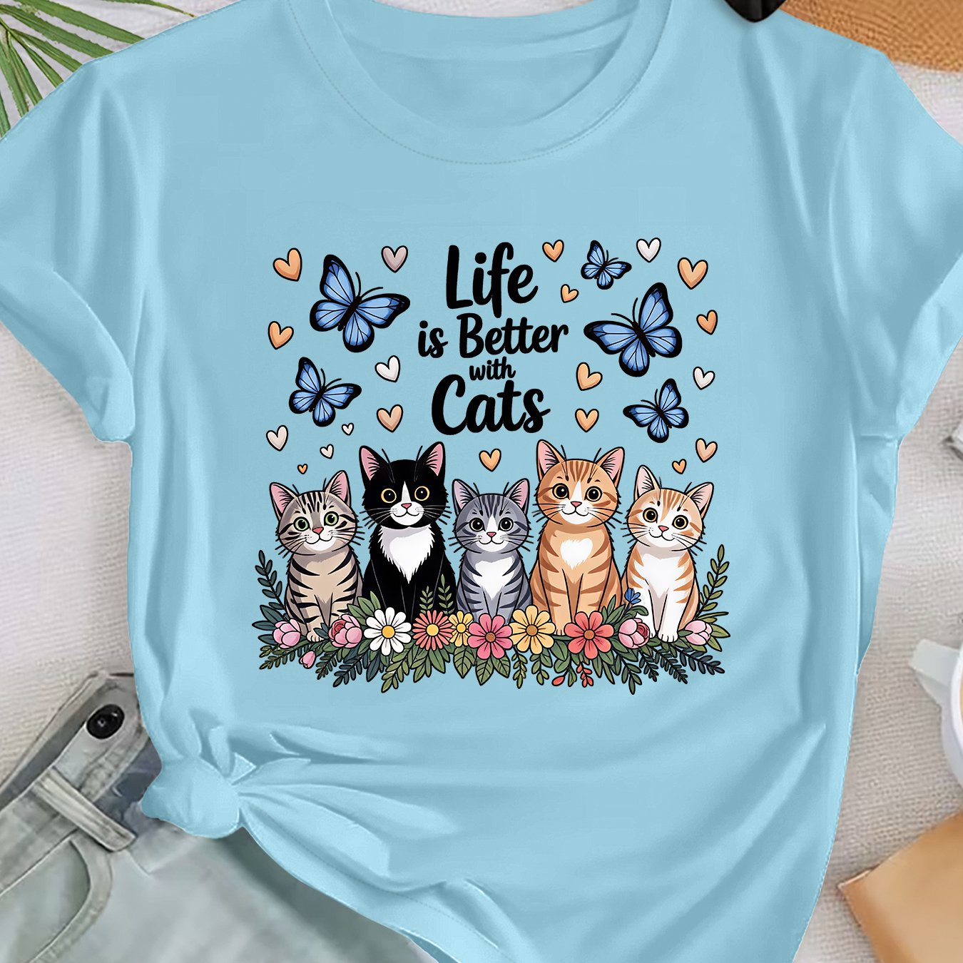 TEMU Women's Elegant Size Short Sleeve, Heart 5 Cats Better With Cats Pattern Printed Round Neck Casual Sports T-shirt Gift, Suitable For Spring,