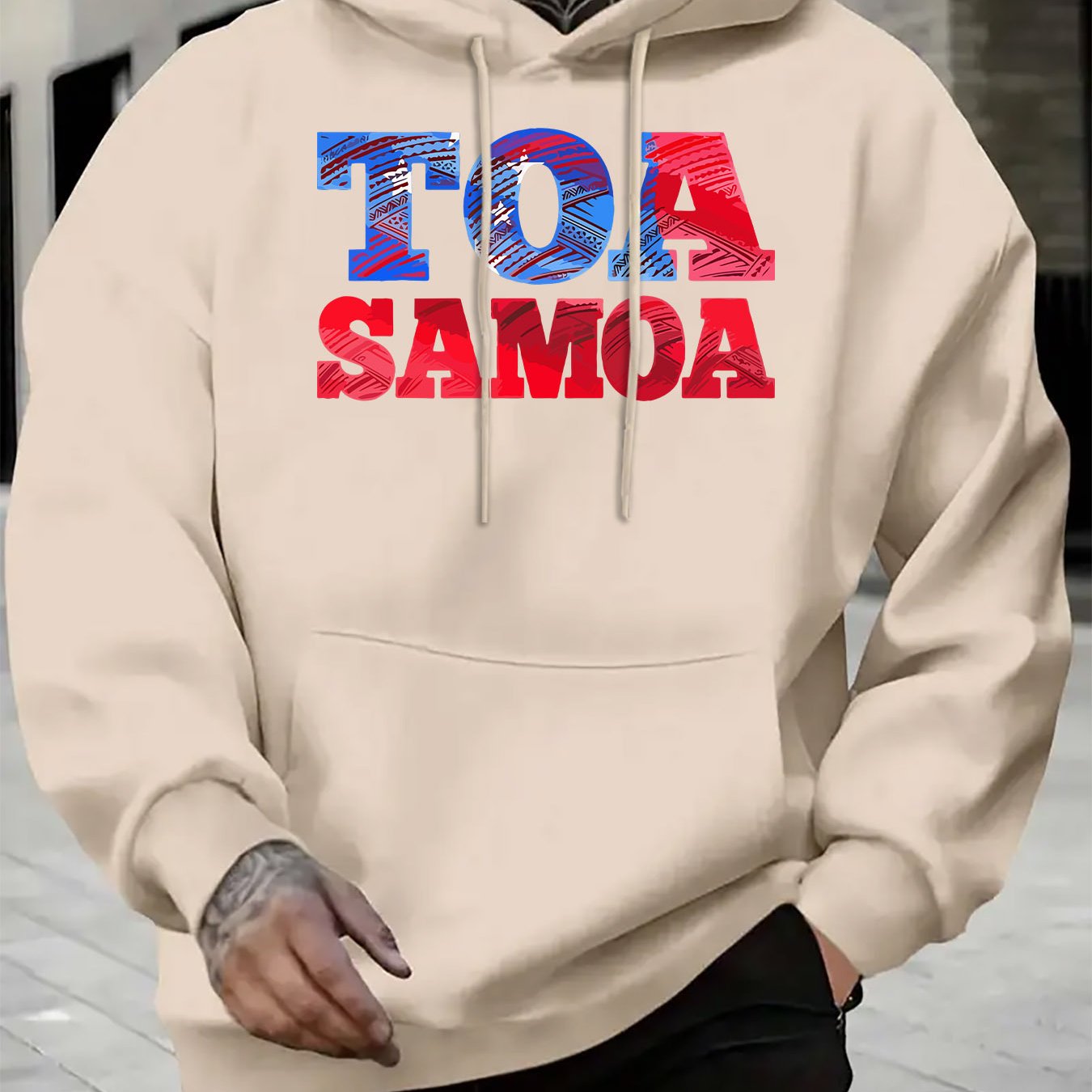 TEMU Samoan Warrior Print Men's Hoodie - Black Casual Pullover With Front Pocket, Long-sleeve Warm Hoodie For Autumn And Winter, Machine Washable