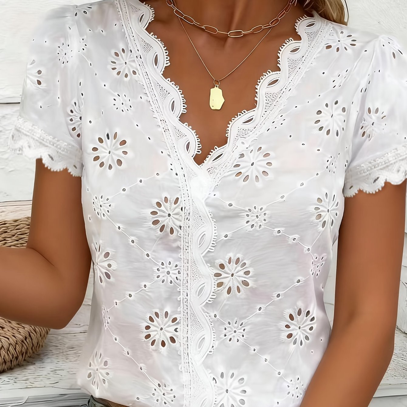 TEMU Women's Romantic Hollow-out V-neck Short Sleeve Top, Light Mature Style Casual Versatile Elegant Blouse